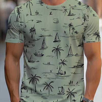TEMU Men's Tree Graphic T-shirt - Breathable Mesh Fabric, Casual Short Sleeve Crewneck, Summer Style With Sailboat & Coconut Design, Black Image