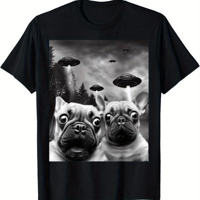 TEMU Funny French Bulldog Ufo Selfie Graphic T-shirt For Men - 2025 Black Casual Round Neck Tee With Humorous Print, & , Novelty T Shirt, Comfortable Clothing, Design, Regular Fit Shirt Image