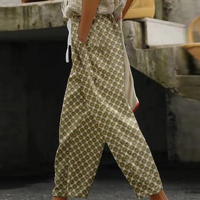 TEMU Women's Floral Print Wide-leg Pants With Pockets, Elastic Waistband, Breathable Woven Fabric, Casual Straight Leg Trousers For - Floral Pattern Image