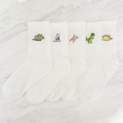 TEMU 5 Pairs Of Unisex Cartoon Embroidered Dinosaur Pattern Mid-calf Socks Image