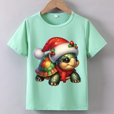 TEMU 1pc Kids' Christmas Cartoon Turtle Print T-shirt - Casual Round Neck, Knitted Polyester Fabric, , Summer Top For Boys Image