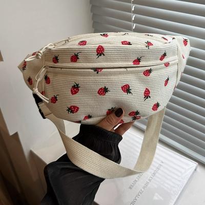 TEMU Women's Strawberry Corduroy Fanny Pack - Adjustable Shoulder Bag With Zipper Closure, Multi-season Use, , Hand Washable Polyester Lining, Everyday Bag|strawberry Pattern|zippered Closure Image
