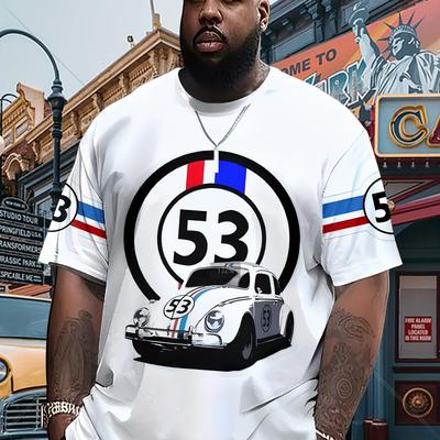 TEMU Men's Plus Size 3d Vintage Car Graphic T-shirt - Casual & Sporty, Short Sleeve, Round Neck, Stretch Fabric, White With Accents, Casual Wear|sporty Design|stretch Fabric Tee, Plus Size Image