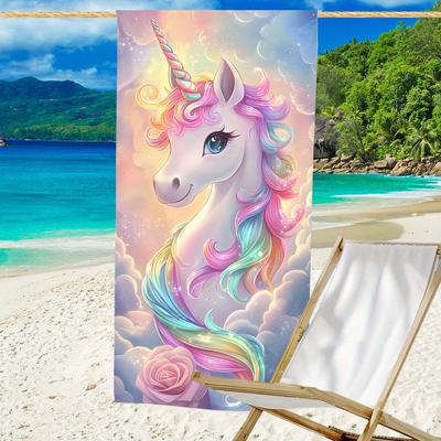 TEMU 1pc Cartoon Unicorn Print Microfiber Beach Towel | Ultra Absorbent & Quick-drying | Lightweight, Soft, Oversized Beach Blanket & Travel-friendly | Holidays, & More Image