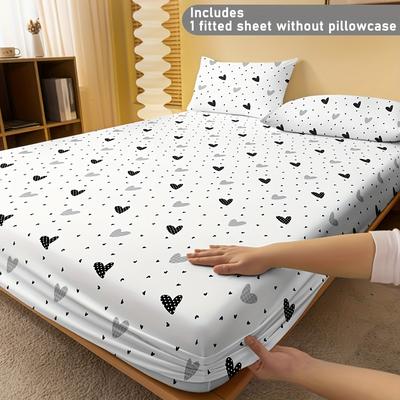TEMU 1pc Heart Print Fitted Sheet (sheet 1, Does Not Pillowcase) Soft And Comfortable Washable Comfortable Breathable Mattress Protector Suitable For Hotel Bedroom School Use Bedding Image