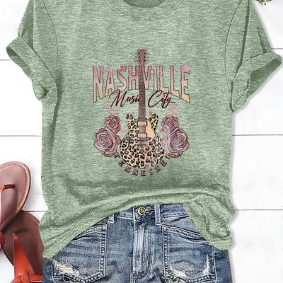 TEMU Women's Floral Applique Nashville Graphic T-shirt - Casual Round Neck Short Sleeve Knit Polyester Tee For Spring/summer/fall Image