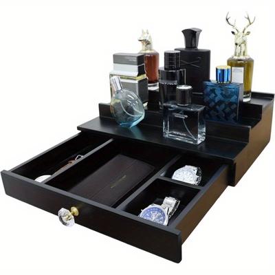 TEMU Elegant Black Wooden Perfume Organizer With Drawer & Multi-tier Display – Essential Oil Holder, Watch Storage, And Accessory Compartments – Perfect Gift For Men, Husband, Or Father Image