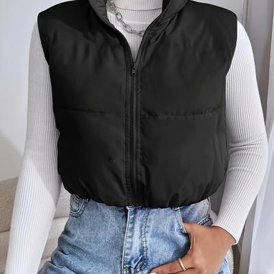 TEMU Zipper Crop Solid Vest, Casual Sleeveless Vest For Fall, Women's Clothing Image