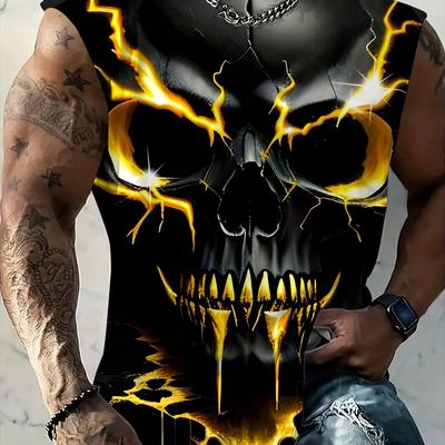 TEMU Men's Plus Size Skull Graphic Print Tank Top - Breathable Sleeveless Workout Shirt For Gym, Basketball & Summer Training, Casual Round Neck Design, Gym Tank Top, Plus Size Image