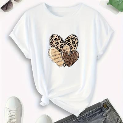 TEMU Women's Casual Print T-shirt - Geometric Leopard & Musical , Semi-sheer Polyester, Lightweight Stretch Round Neck Short Sleeve, Machine Washable Top, , Trendy Casualwear, Elasticity Image