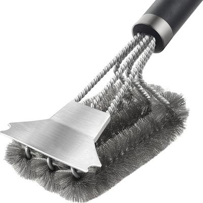 TEMU 1pc Stainless Steel Bbq Brush With Durable Metal Bristles & Ergonomic Black Handle - Triangular Head For Efficient Cleaning & Maintenance Of Grills And Outdoor Cooking Surfaces, Grill Accessories Image
