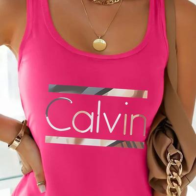 "TEMU Women's Sleeveless Casual Tank Top With "" Letter Print - Soft Knit Fabric, Round Neck, Machine Washable, Spring/summer/fall Fashion, Sleeveless Top|modern |knit Texture" Image
