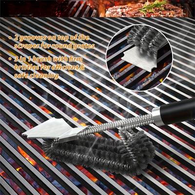 TEMU 1pc Grill Brush With Long Handle, Metal Triple Wire Bristle Cleaning Scrubber, Bbq Grilling Tool, Outdoor Bbq Accessories, Kitchen Cleaning Equipment Image