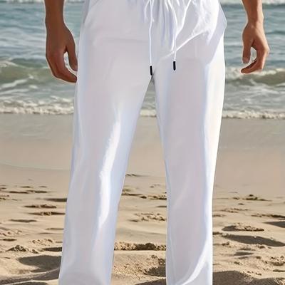 TEMU Men's Breathable Linen Casual Pants - Loose Fit, Solid Black, Comfortable Youthwear Yoga, Beach, Or Outdoor Activities Image