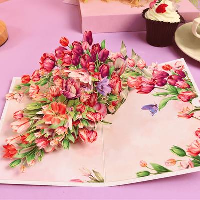 TEMU 1pc Handcrafted 3d Tulip Pop-up Card With - Day, Birthdays, Anniversaries & More - Includes Note Card & Envelope, Ideal For Spring Greetings & Messages, Flower Decorations Image