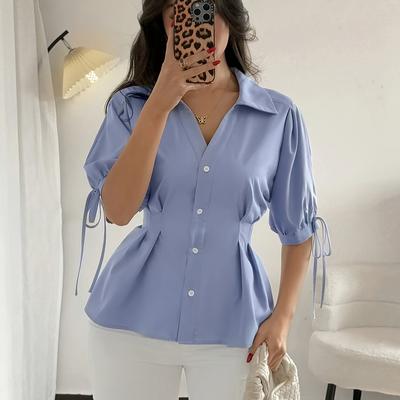 TEMU Elegant Light Blue V-neck Blouse With Tie Sleeves And Button Front For Women - Cinched Waist, , Spring/summer/fall, Wear | Smooth Fabric Shirt Image