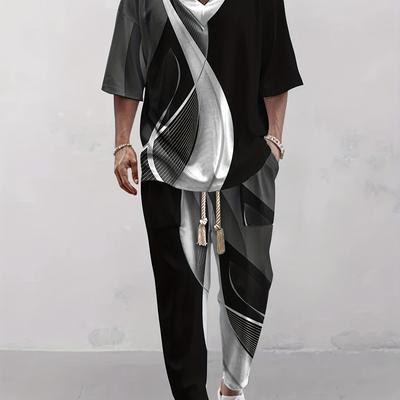 TEMU V-neck Short-sleeved 3d Printed T-shirt And Nine-inch Pants Summer Casual Suit For Men Image