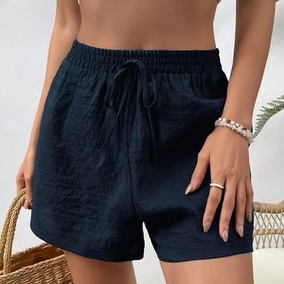 TEMU Women's Navy Blue Tie-waist Shorts - Casual Solid Color, Elastic Waistband, Lightweight Polyester, Spring/summer/fall, Autumn Casual Wear | Relaxed Fit Shorts | Lightweight Fabric Image
