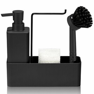 TEMU Matte Black Striped 4-in-1 Soap Dispenser With Tray, Dish Brush, Sponge, Stainless Steel Towel Rack For Kitchen Countertops Image