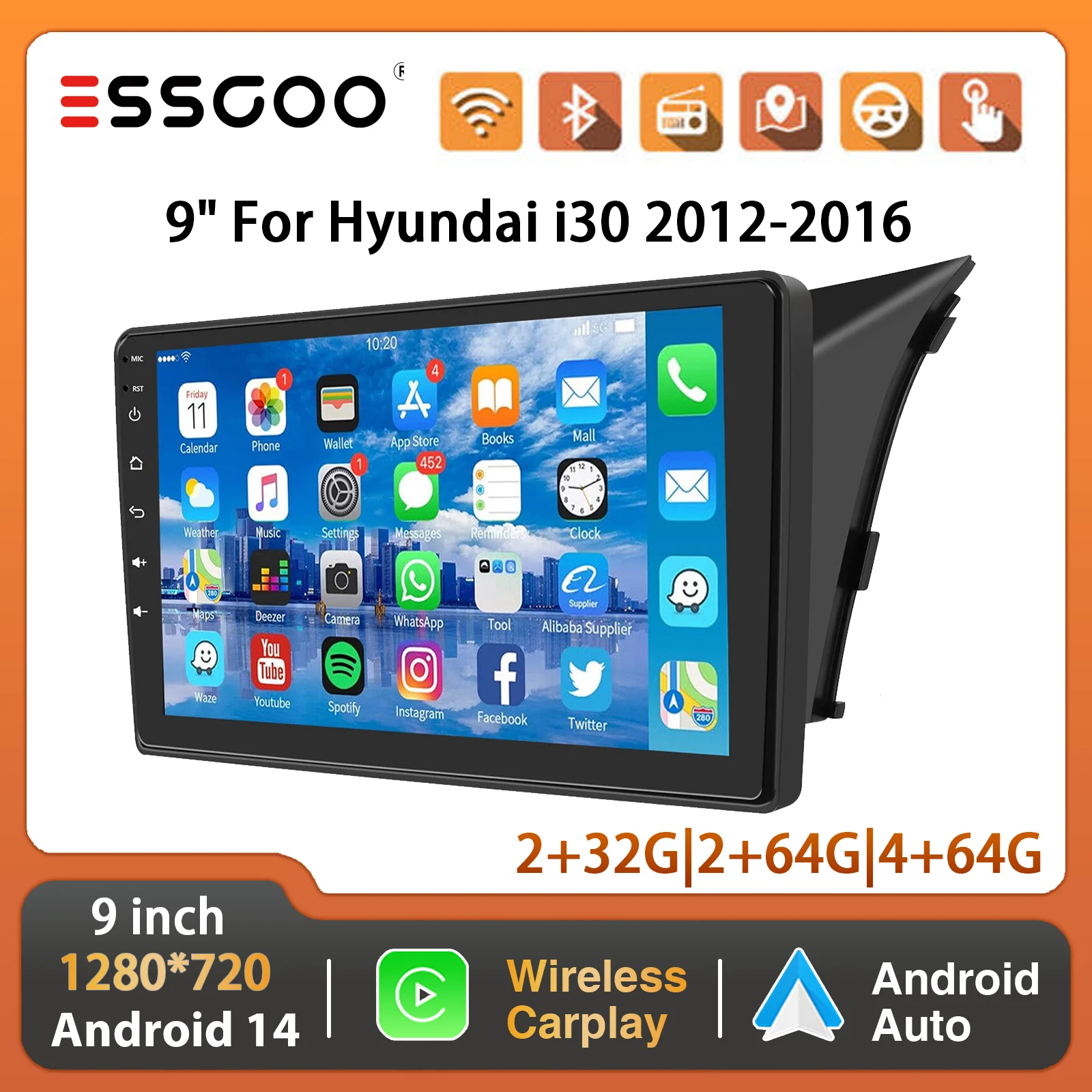 ESSGOO 9 "Autoradio Für Hyundai i30 2012-2016 Android 14 Apple Carplay Android Auto GPS NAVI RDS WiFi BT SWC Spiegel Link Image