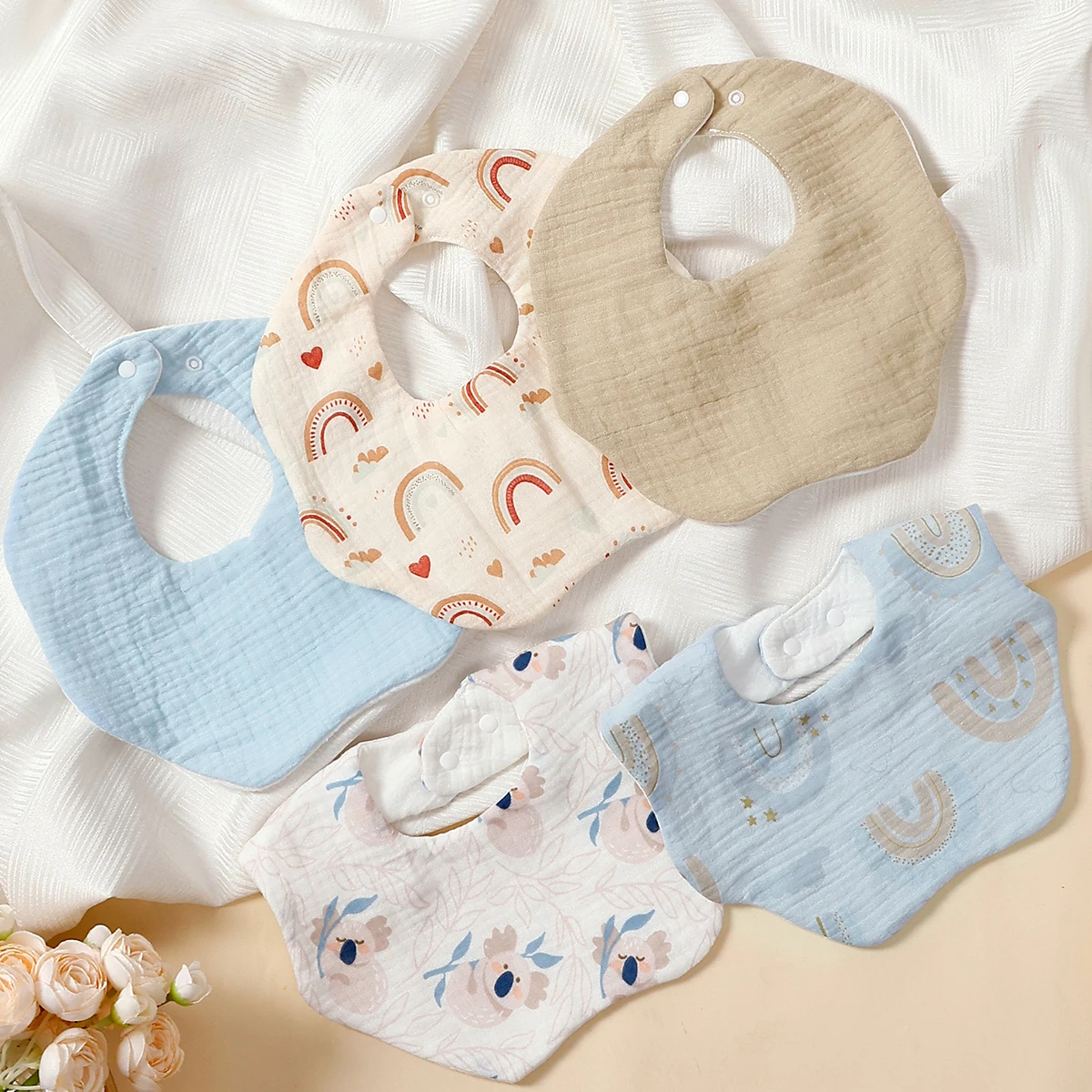Elinfant 5PCS Soft Gauze Muslin Bibs,Cozy Eating Bibs Burp Cloth Adjustable Snap Closure, Drool Bibs for Youngsters 0-3 Years Image