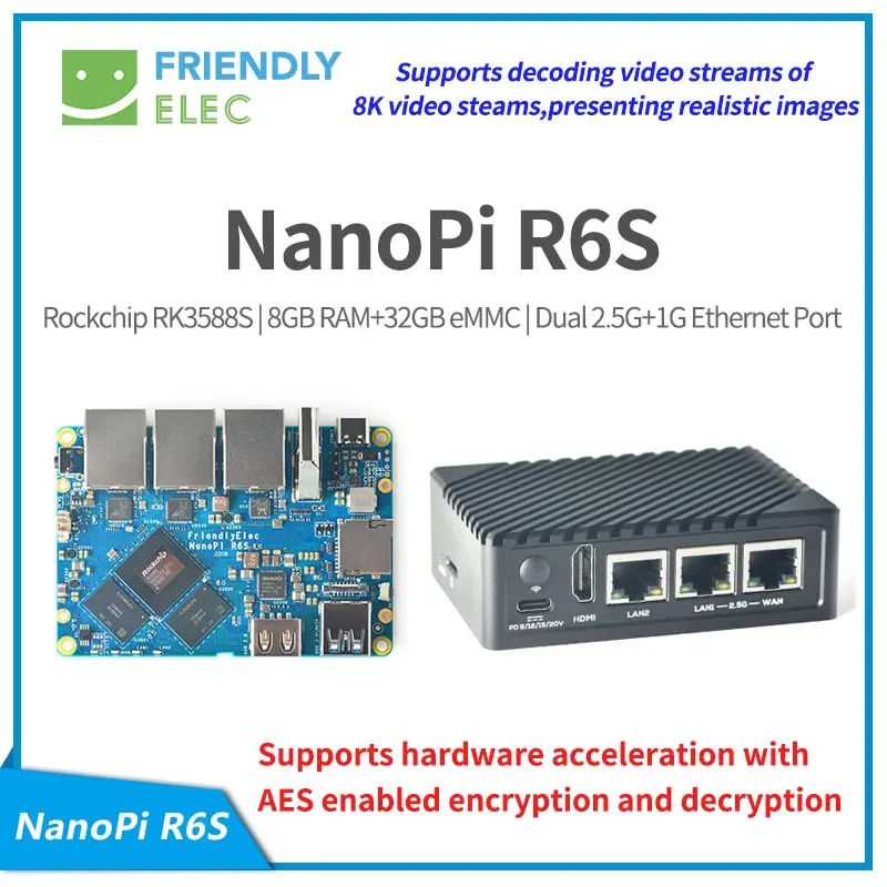 NanoPi R6S RK3588S Cortex-A76, 8 GB DDR4 64 GB eMMC 2,5 G Eth, Ubuntu debian, FriendlyWrt, Android GPU VPU Image
