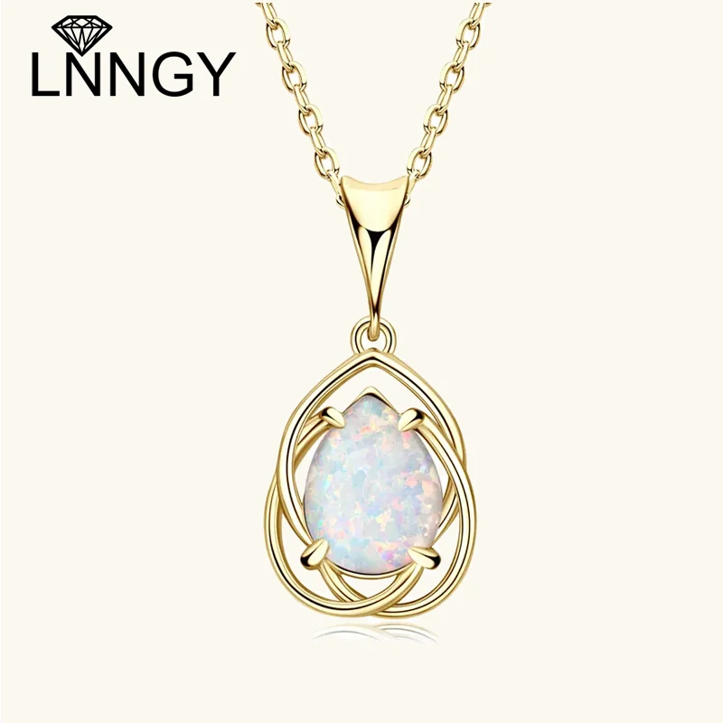 Lnngy Halskette mit hohlem Anhänger aus 925er-Sterlingsilber, 7 x 10 mm, birnenförmiger Schliff, synthetischer Opal-Tropfen-Halsketten für Frauen, Hochzeitsschmuck Image