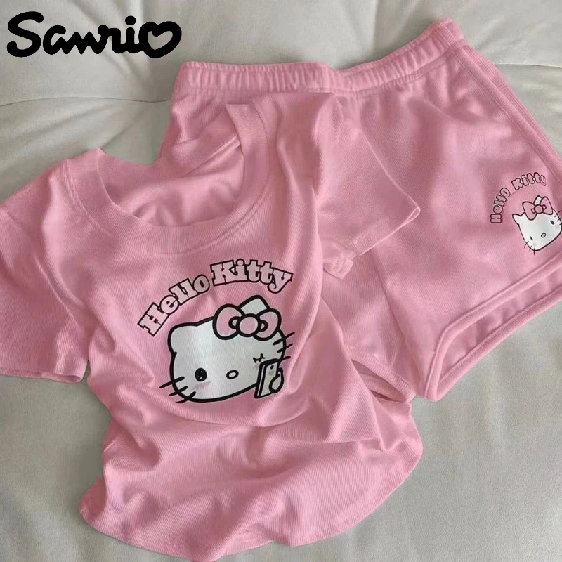 Sanrio Hello Kitty Zweiteiliger Pyjama Kawaii Cartoon Anime Bedruckte Accessoires Kurzarm Kurzarm Mädchen Sommer Casual Home Kleidung