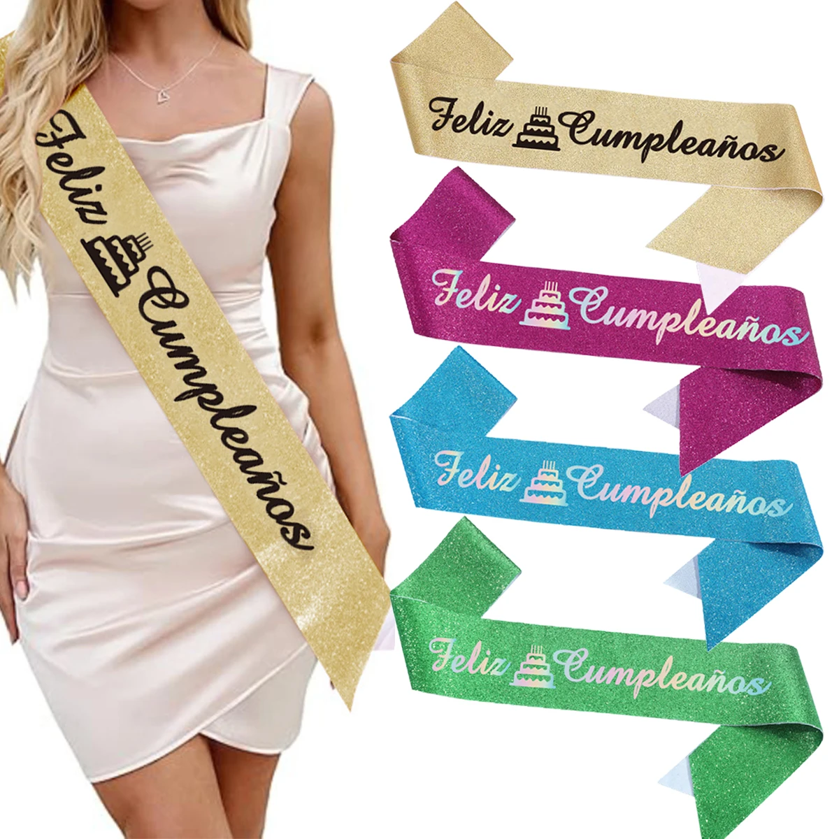 1 Stück Spanisch Gold Schwarz Felizcumpleanos Geburtstag Schultergurt Zeremonielles Band Spanisches Zeremonielles Band für Geburtstagsfeier Image