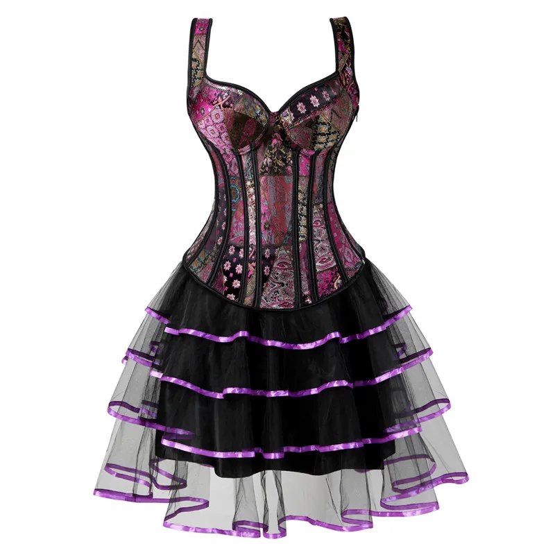 Bustier Korsett Kleider für Frauen Rock Tutu Set Reißverschluss Riemen Korsett Plus Size Gothic Jacquard Burlesque Sexy Vintage Lila 6XL Image
