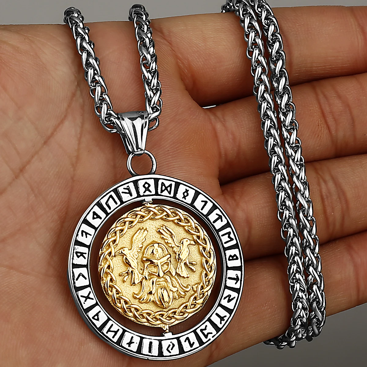 Viking Odin und norwegische Runen rotierende Halskette Herren nordisches Amulett Hip Hop Boutique Biker Anhänger Edelstahl Schmuck Image