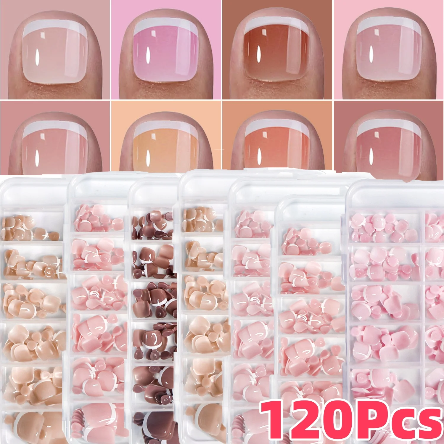 120 Stück kurze französische gefälschte Zehennägel, glänzend, nackt/rosa/braun, drücken Sie Zehennägel, vollständige Abdeckung, falsche Zehenspitzen für Sommerfrauen, Zehenverlängerung Image