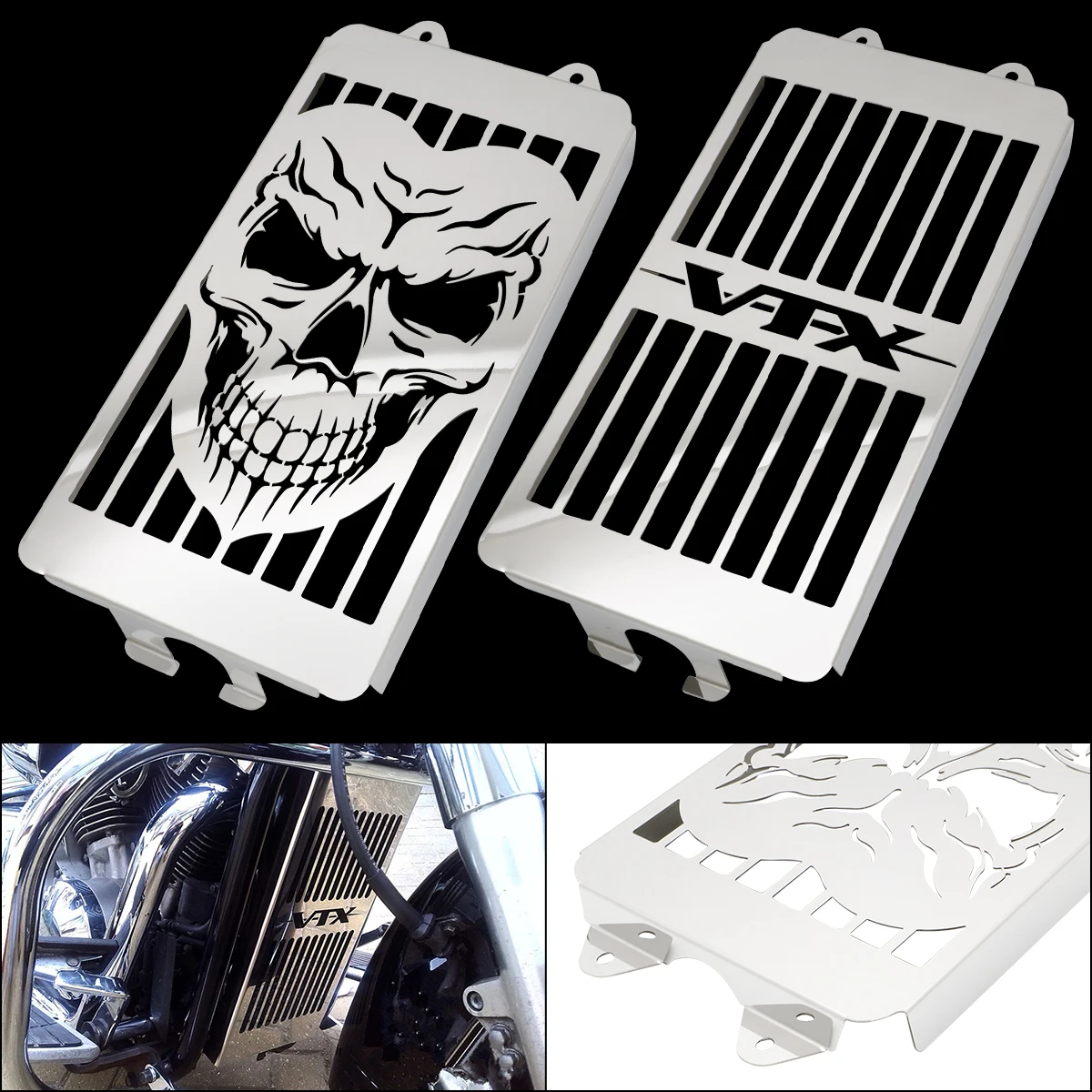 For Honda VTX1300 VTX1300C VTX1300R VTX1300S T 2003 -2009 Motorcycle Steel Chrome Skull Radiator Grill Cover Guard Protector