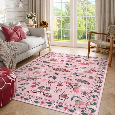Vionnet Washable Modern Parisian Insect Pink Rug Area Rugs Washable Outdoor Indoor Area Rugs Dining