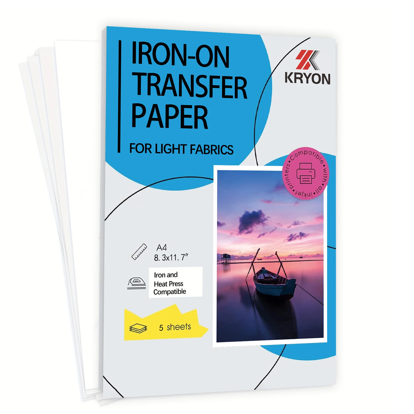 A4 8,3 x 11,7 Zoll 5 Blatt Wärmeübertragungspapier zum Aufbügeln für helle Stoff-T-Shirts, Transferpapier für Tintenstrahldrucker Image