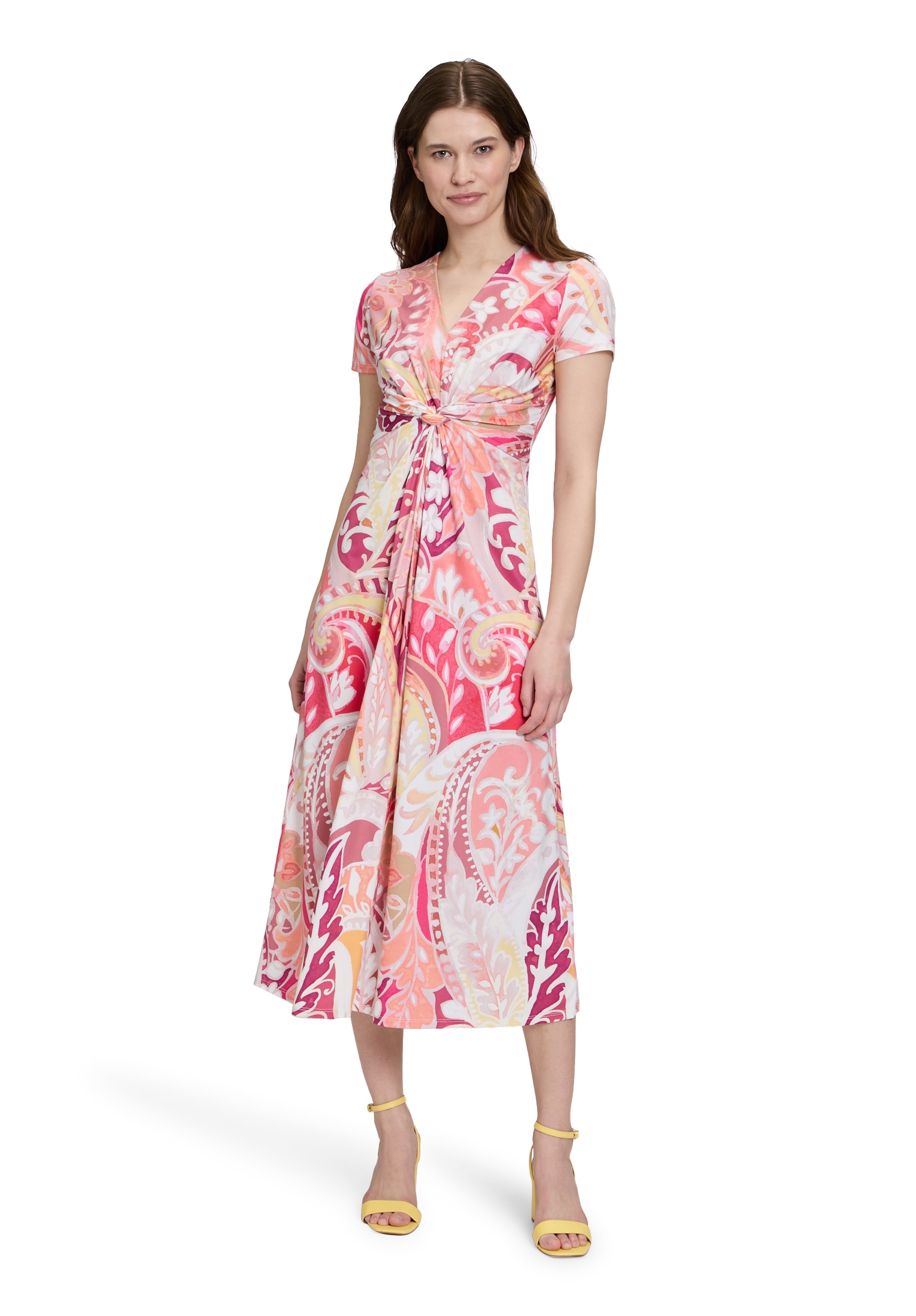 Midikleid BETTY BARCLAY "Damen Sommerkleid Midikleid mit Raffung", Damen, Gr. 48, Normalgrößen, rosé, gelb, Jersey, Obermaterial: 95% Polyester, 05% Elasthan., körpernah lang, V-Ausschnitt, Kleider, Form Image