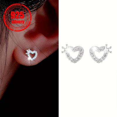 TEMU Vana Heart Shaped Crown Stud Earrings 925 Sterling Silver, Classic With Synthetic Cubic Zirconia, No Plating - Ideal For , Parties & Gift-, Fits All (pair, . 0.68g) Image