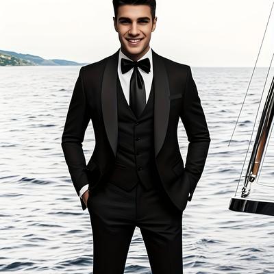 TEMU Men's Casual Business Suit With A Twist: Stylish Solid Color Double-breasted Suits In Light Mature Style, 3pcs Set Image