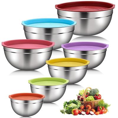 TEMU Set Of 7 Stainless Steel Bowls With Colorful Lids, Mixing Bowls, Salad Bowls, Stackable For Minimal Storage, Essential Cooking, Kitchen Utensils Image