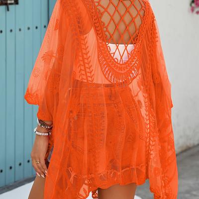 TEMU Elegant Bohemian Beach Cover-up - Vibrant Orange With Intricate Lace Detail, Batwing Sleeves, V-neck, Rayon/spandex Blend, Poolside & Vacation Wear, Pool Coverup|bohemian Style|rayon Blen Image