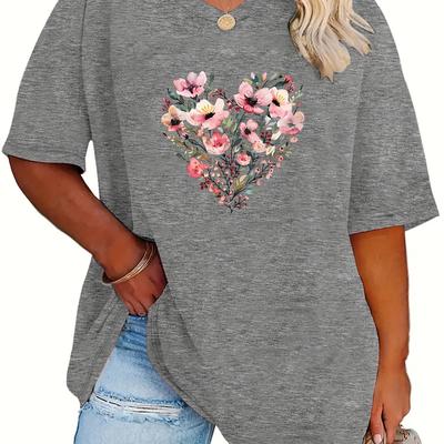 TEMU Women's Plus Size Casual T-shirt With Vibrant Heart Floral Print - , Short Sleeve, V-neck, Relaxed Fit, Top, Top| Casualwear|applique Detail Image