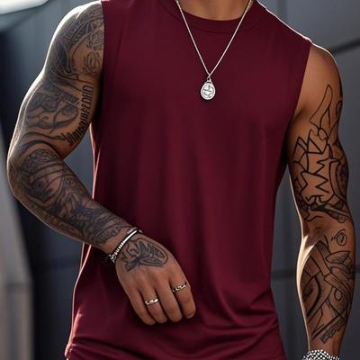 TEMU Men's Maroon Sleeveless Tank Top - Sporty Running & Basketball Design, Round Neck, Stretch Fabric, Ideal For Gym & Casual Wear, Gym Tank Tops Image