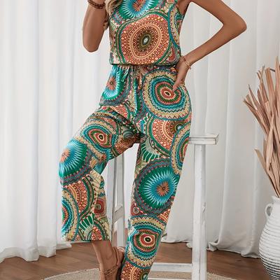 TEMU Elegant Mandala Print Sleeveless Jumpsuit For Women - Wide Leg, Tie-waist Design With Round Neck, Vacations Image