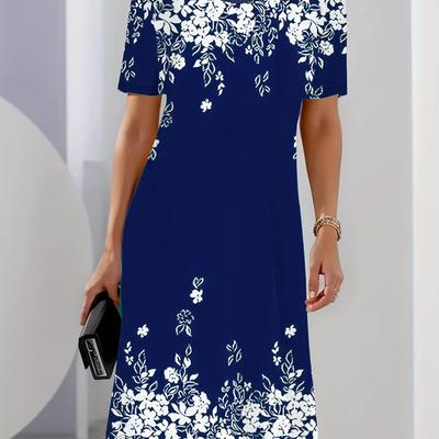 TEMU Spring And Summer Fashion Elegant Vacation Commuter Women's Round Neck Floral Print Dress Image