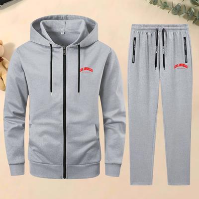 TEMU 2pcs Men's Casual Athletic Set, Long Sleeve Hooded Sweatshirt With Printed Detail And Pockets, Slim Fit, Knit Polyester And Spandex , With Waist Drawstring Pants, For Autumn/winter Outfit Image