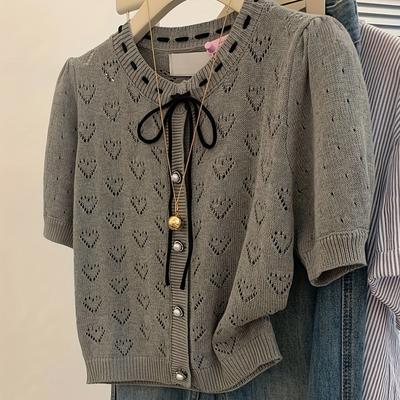 TEMU Elegant Gray Knit Cardigan For Women - Short Sleeve, Crew Neck With -out Design, Drawstring Detail, Jersey Material, Spring/summer, Casual Cardigan | Crew Neck Sweater | Medium Stretch Image