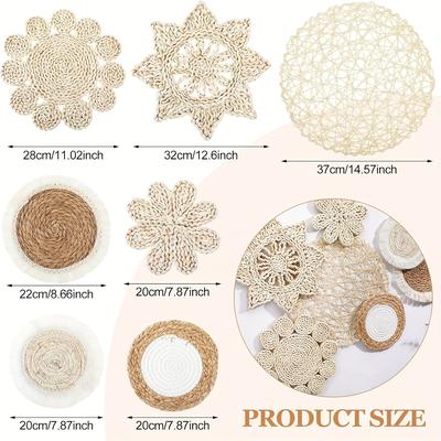 TEMU 7pcs Boho Wall Baskets Decor - Rattan Wicker Round Wall Art For Rooms, Bedrooms, Kitchen - Indoor/outdoor Use, Bohemian Home Decor|natural Fiber Baskets|rustic Wall Art, Bohemian Home Decor Image