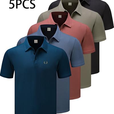 TEMU 5pcs Men's Quick-dry Waffle Knit Shirts - Summer Casual Business Short Sleeve Tops With Button , Geometric Pattern, And Lapel Collar For Warm Weather Image