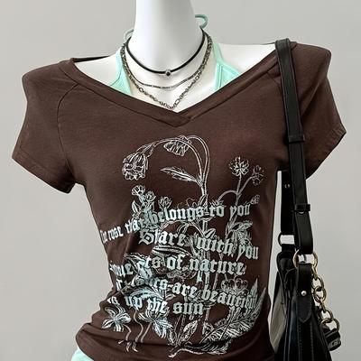 TEMU Women's Y2k Graphic T-shirt - Botanical & Inspirational Quote Print, Brown & Teal Contrast, Relaxed Fit Short Sleeve Top For Spring Summer Fall Casual Wear, Ladies T Shirts Image