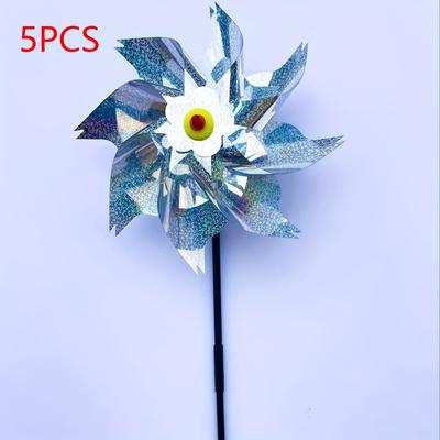 TEMU 5pcs/8pcs/12pcs/15pcs Reflective Bird Repellent Wind Spinner, Glitter Silvery Plastic Pinwheel For Defense, Garden Balcony Farm Protection Image